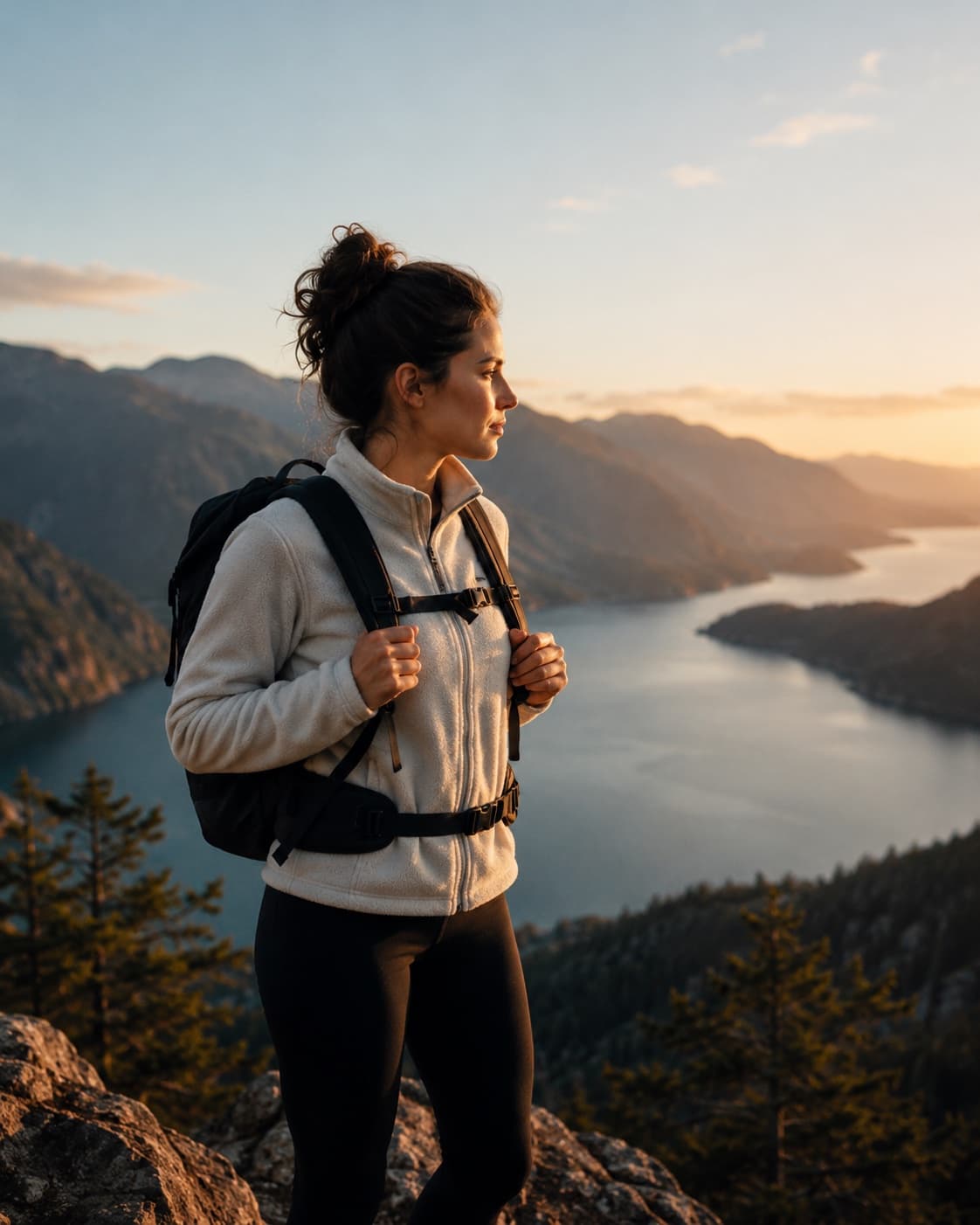 A person looks out over a lake from a mountain summit, a symbol for the long path to a new habit