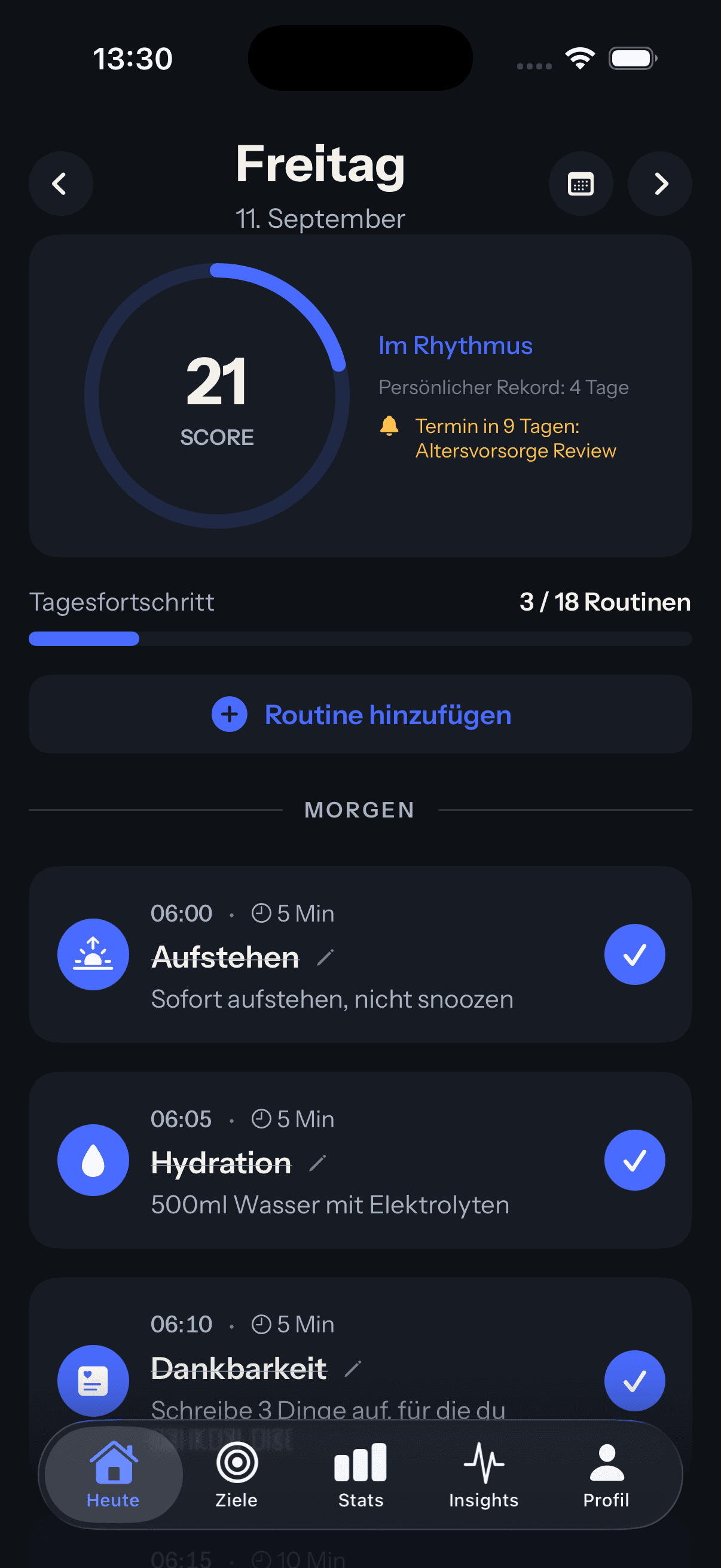 Dopafy Routinen-Plan im App-Screenshot