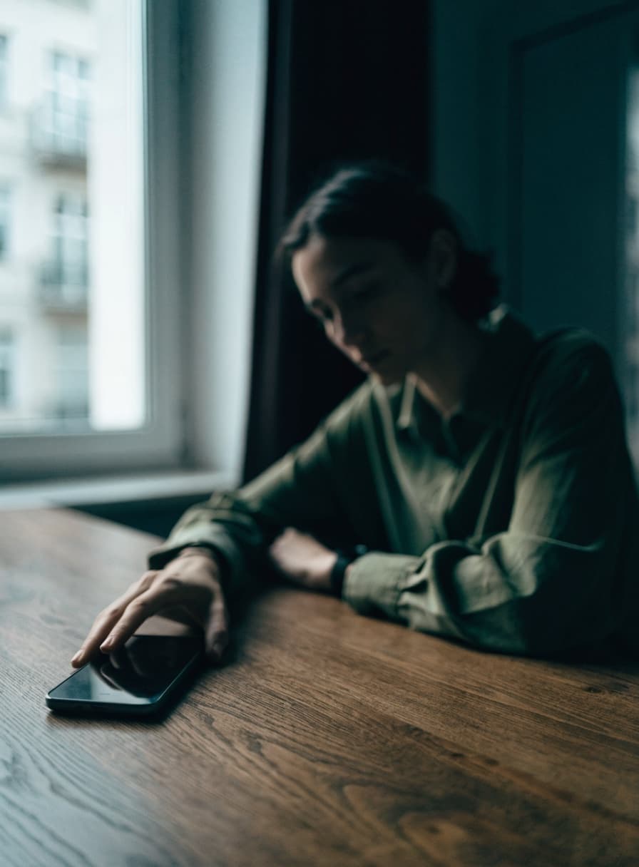 Eine Person, die bewusst ihr Handy weglegt