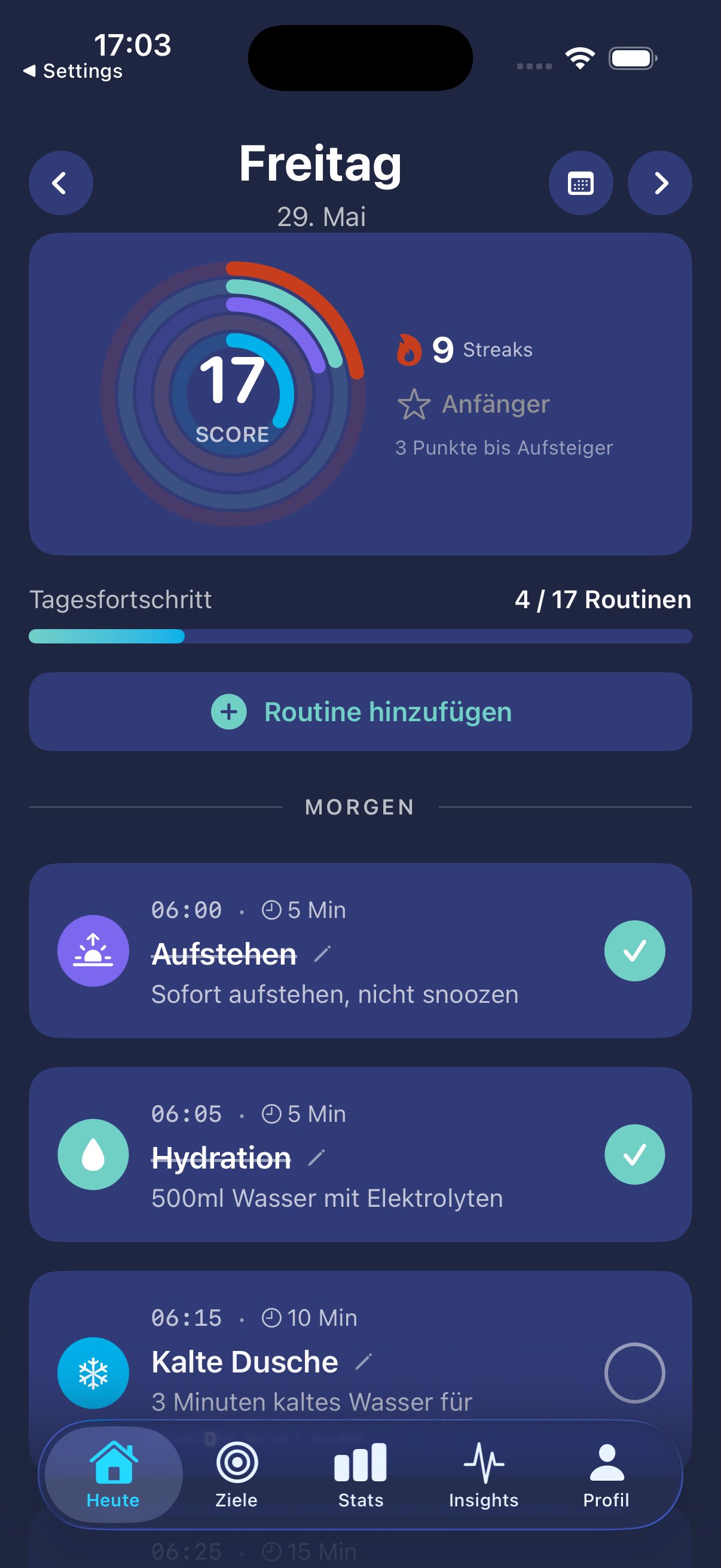 Dopafy Dashboard mit täglichem Dopamin-Score und Morgenroutinen