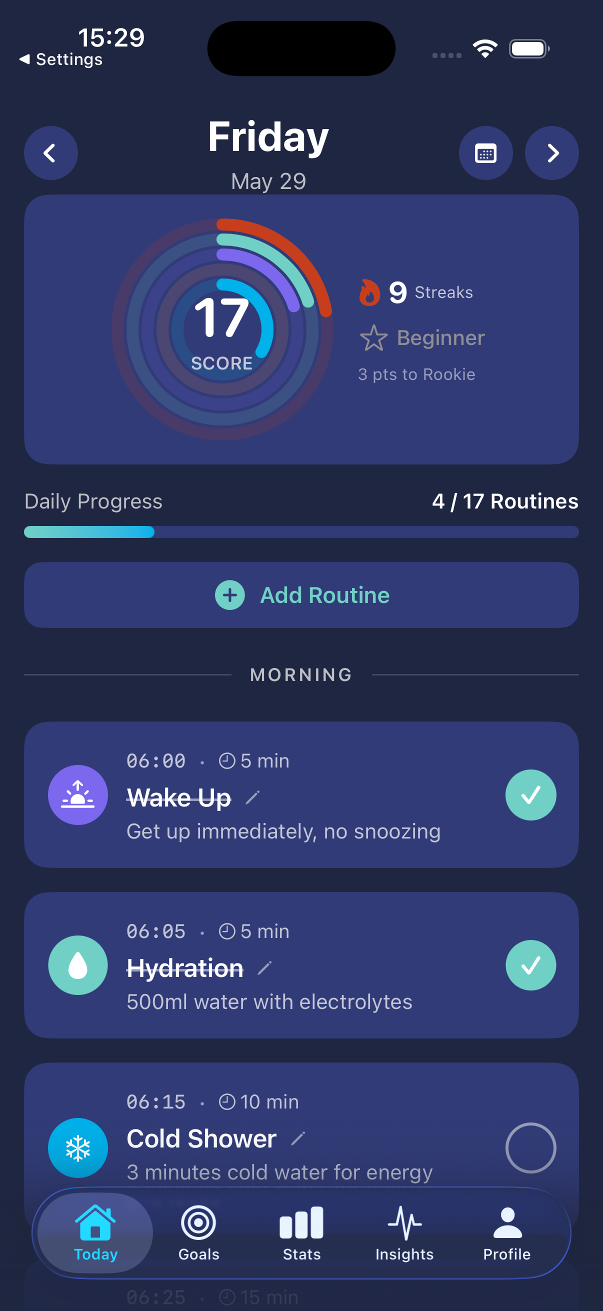 Dopafy dashboard showing daily dopamine score and morning routines