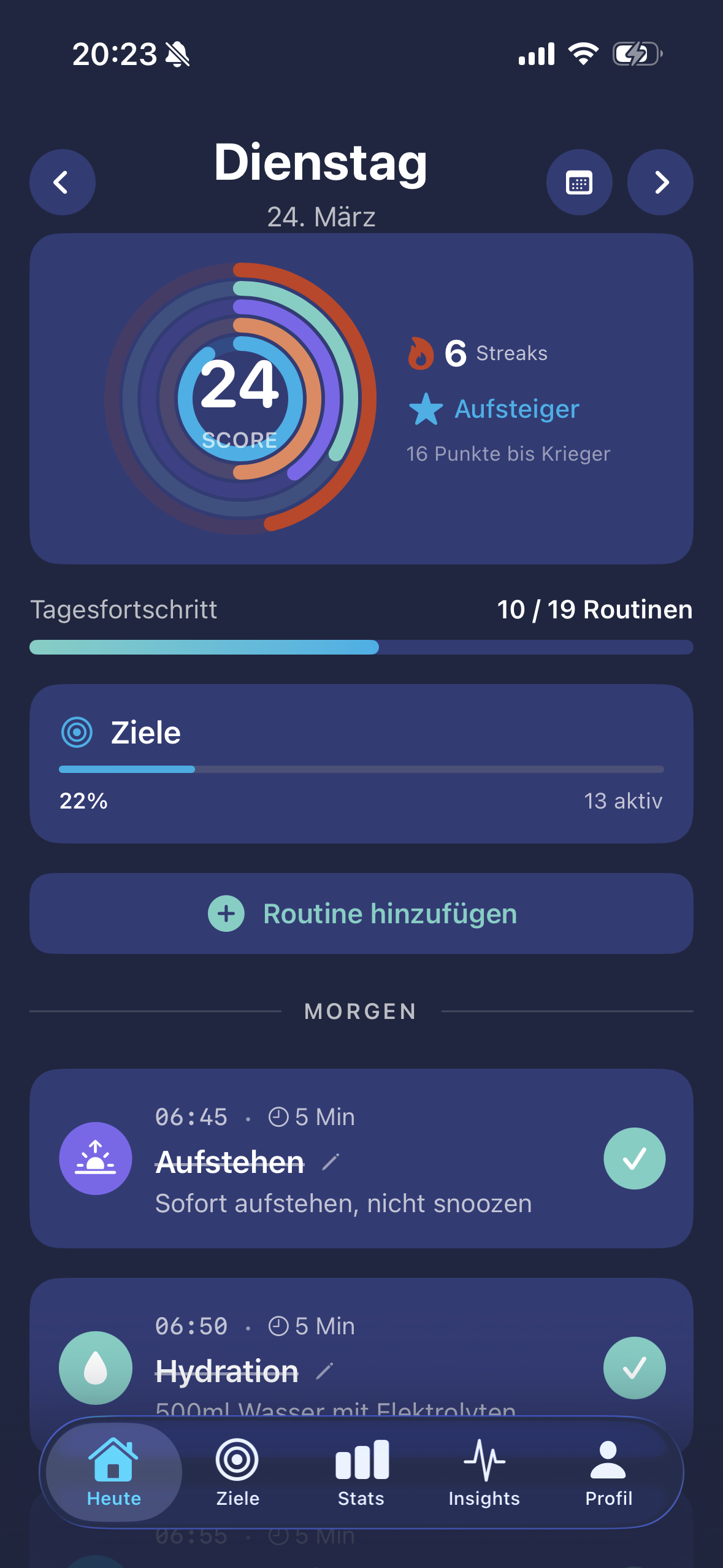 Dopafy App mit täglichem Dopamin-Score und Morgenroutinen