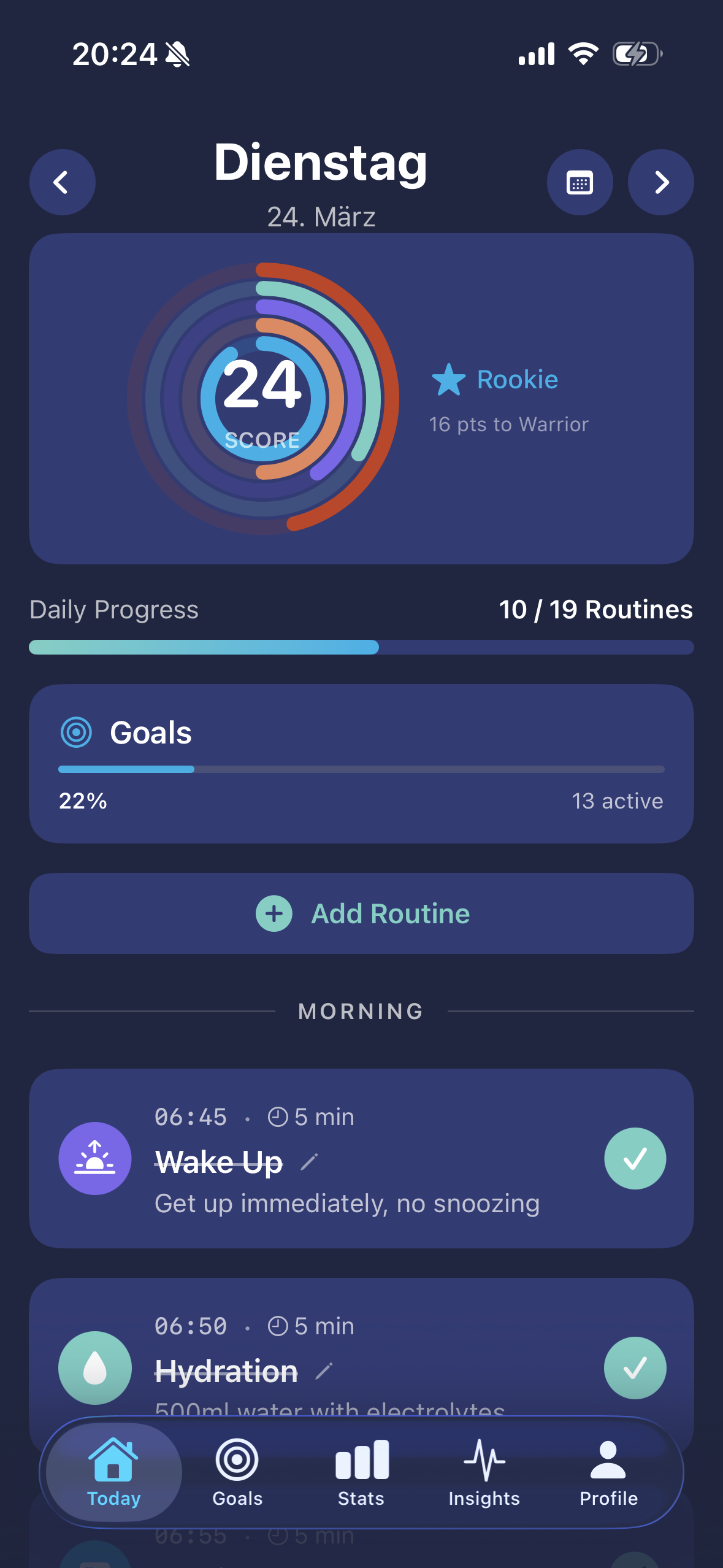 Dopafy app showing daily dopamine score and morning routines
