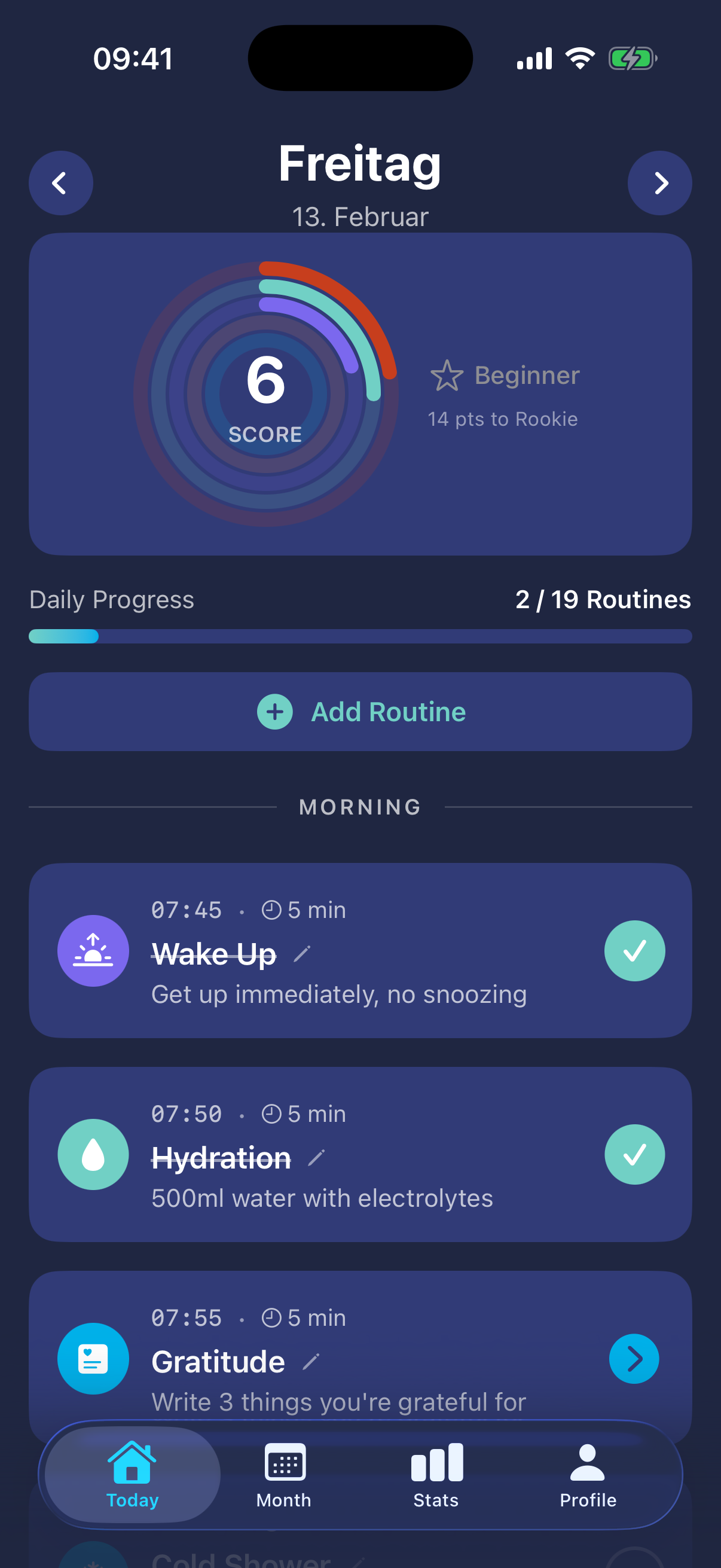 Dopafy app showing daily dopamine score and morning routines