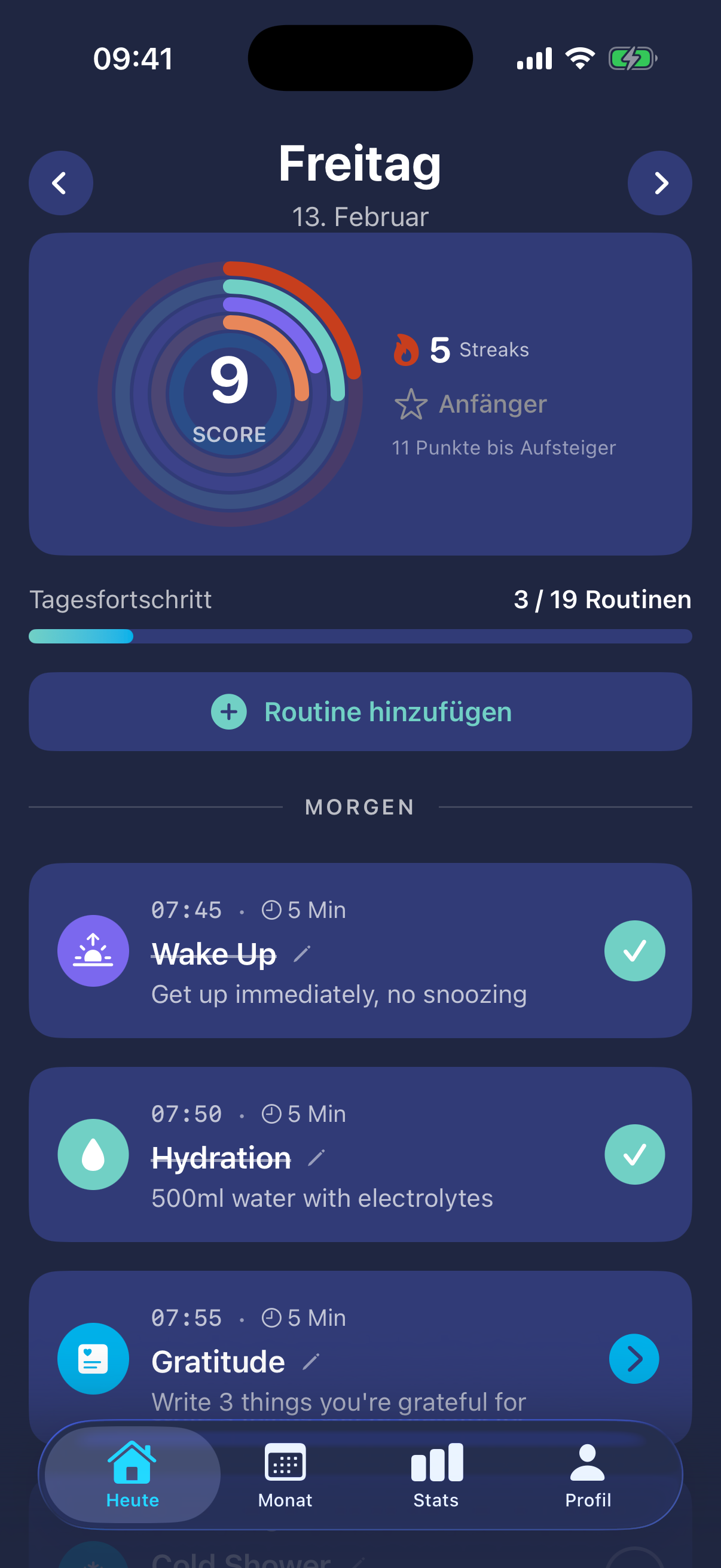 Dopafy App mit täglichem Dopamin-Score und Morgenroutinen
